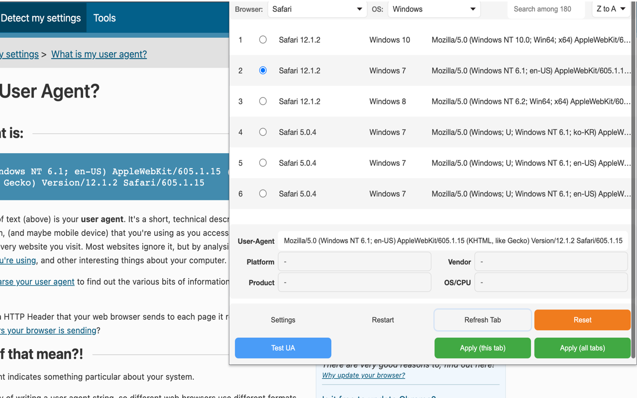 User-Agent Switcher Pro - browser and OS selection with user agent list