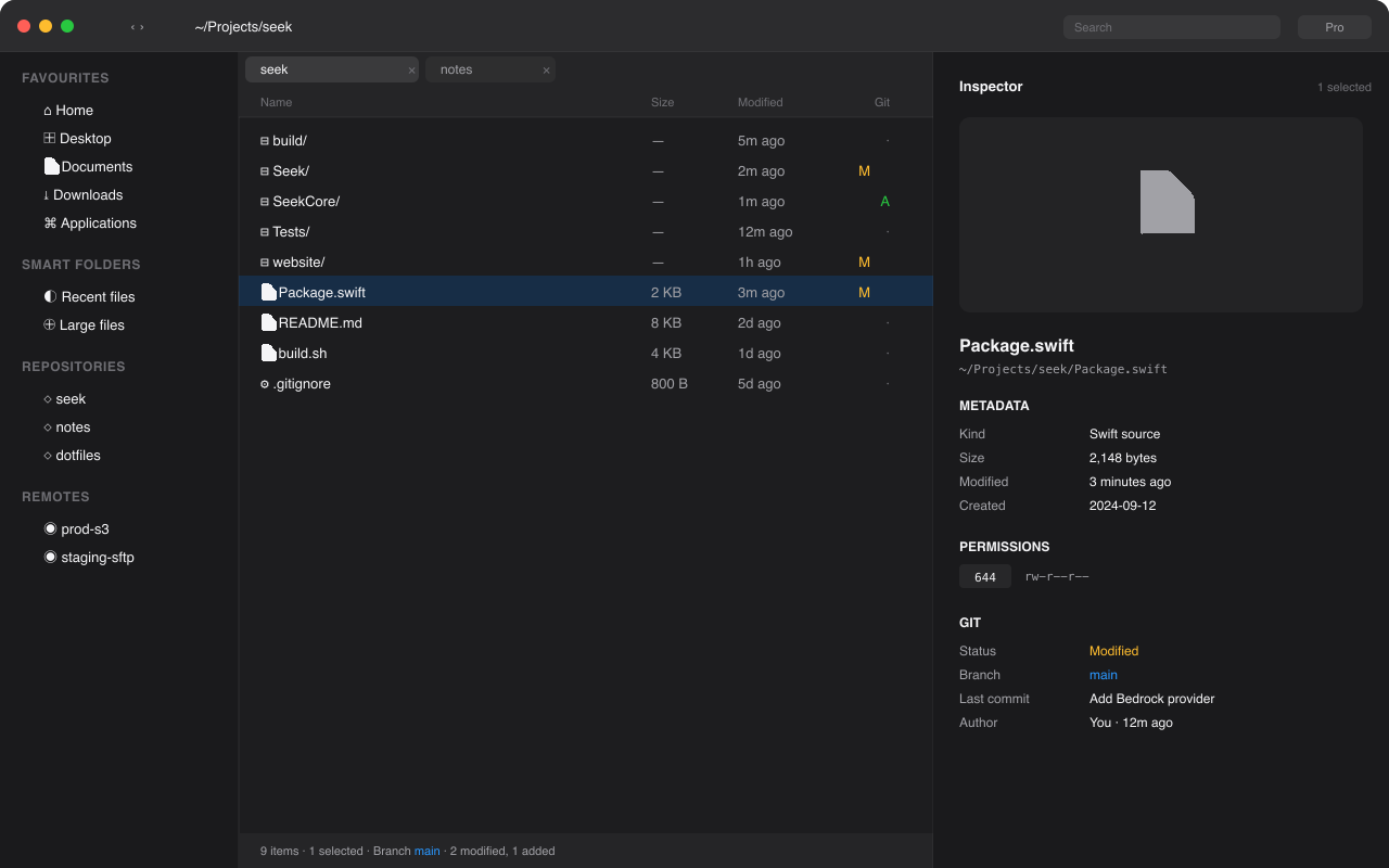 Seek file browser running on macOS, showing dual-pane layout with git status