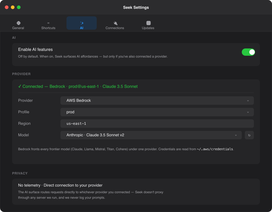 Seek's AI settings showing the four-provider picker with AWS Bedrock connected and a model dropdown
